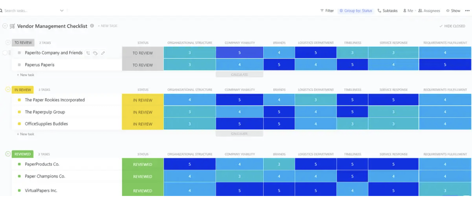 Evaluate your IT vendors based on detailed metrics using the ClickUp Vendor Management Checklist Template