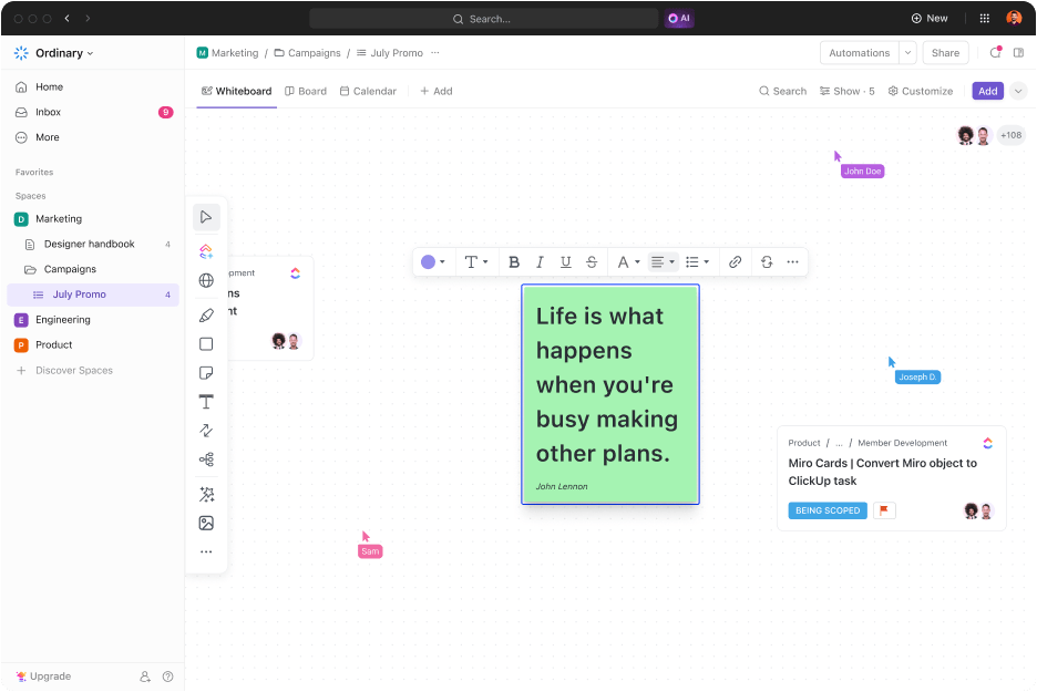 Collaborate visually with sticky notes and more with ClickUp Whiteboards : ai workflow generator