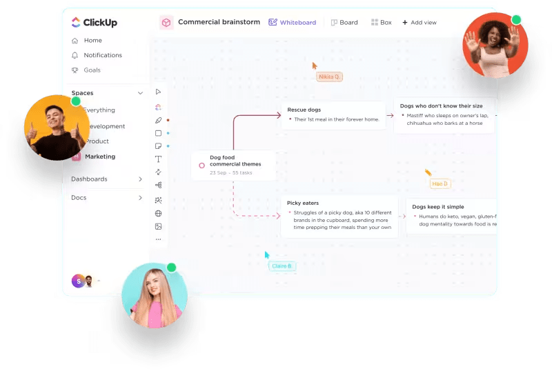 아이디어를 실행 가능한 작업으로 전환하는 ClickUp 화이트보드로 프로젝트 워크플로우를 시각화하세요