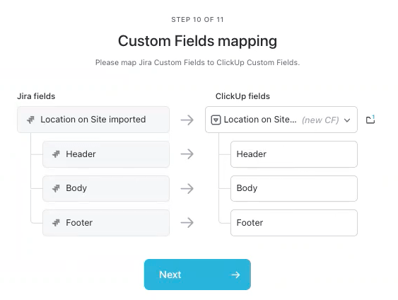 Align Jira users, custom fields, and statuses with their ClickUp equivalents seamlessly