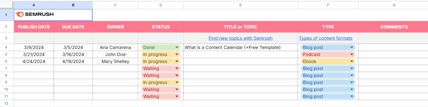 Modelo de calendário de conteúdo da Semrush