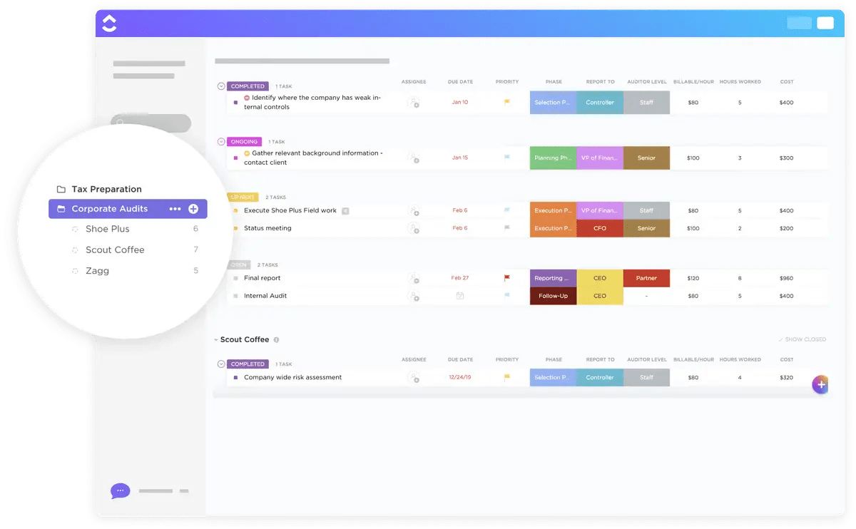 ClickUp's Corporate Audits Template is designed to help you manage and track the progress of corporate audits. 