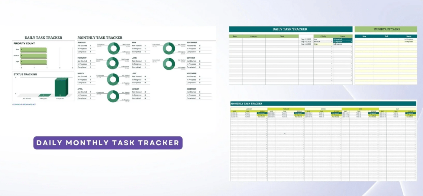 Templat Google Sheets Pelacak Tugas Bulanan dan Harian oleh Template.net