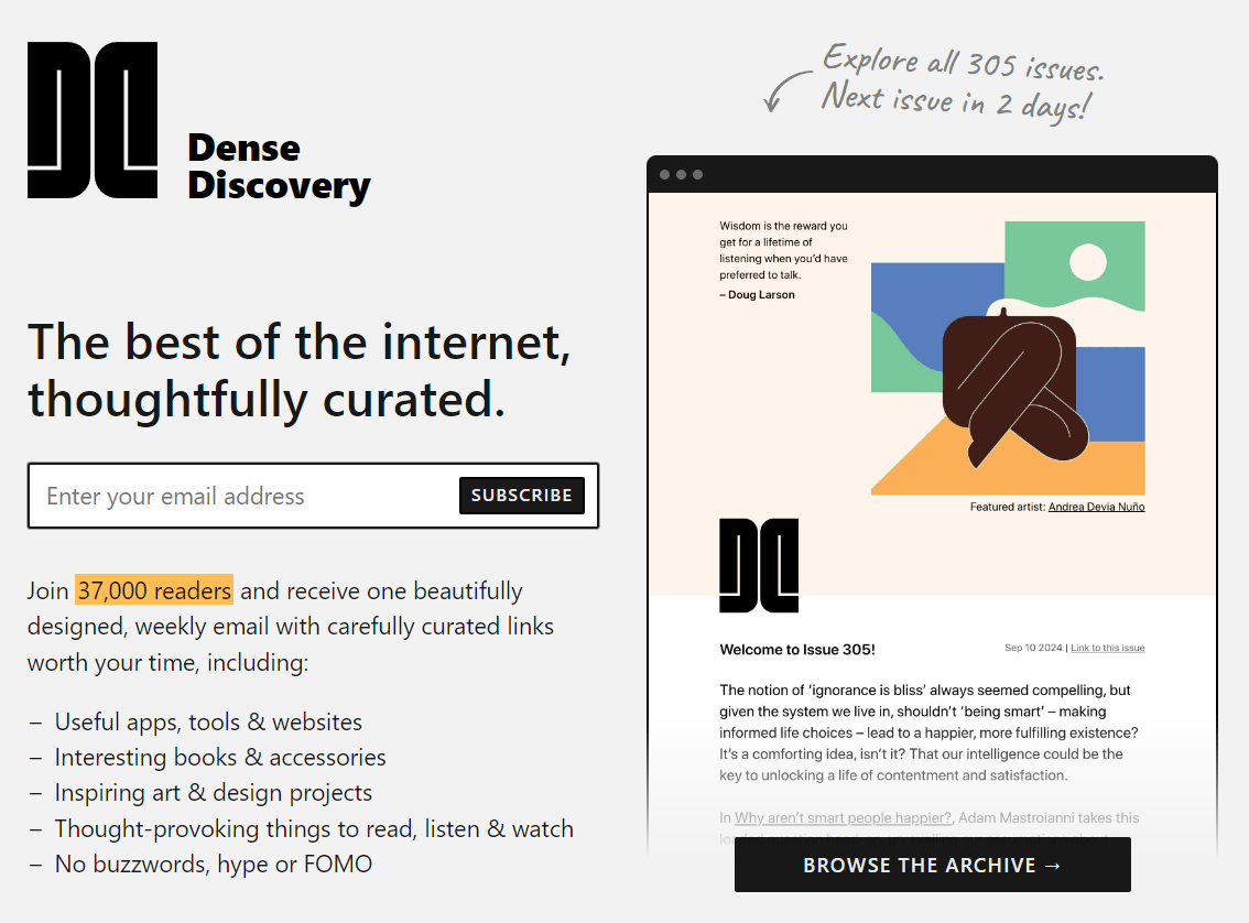 A screenshot of Dense Discovery tech newsletter's home page