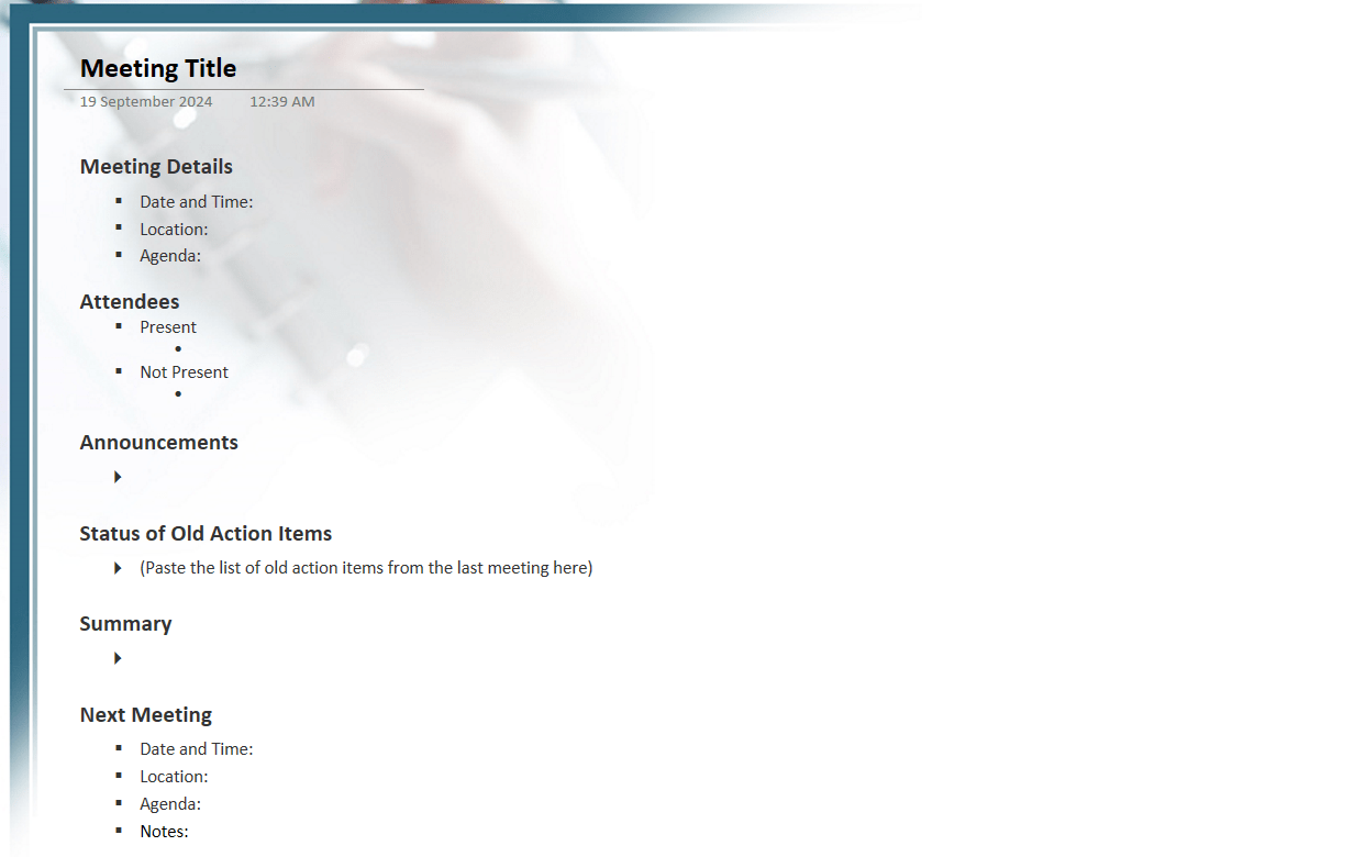 Detailed Meeting Notes onenote meeting Template
