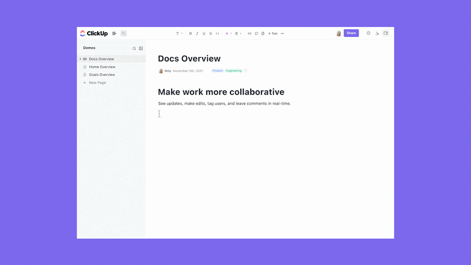 Write, collaborate, and track changes easily using ClickUp Docs