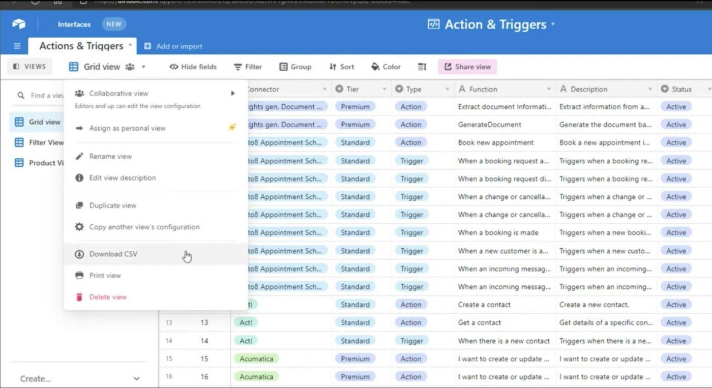 Para exportar Airtable a Excel, haga clic en el botón del menú de vista y seleccione la opción 'Descargar CSV' del menú desplegable en las aplicaciones web y de escritorio.  