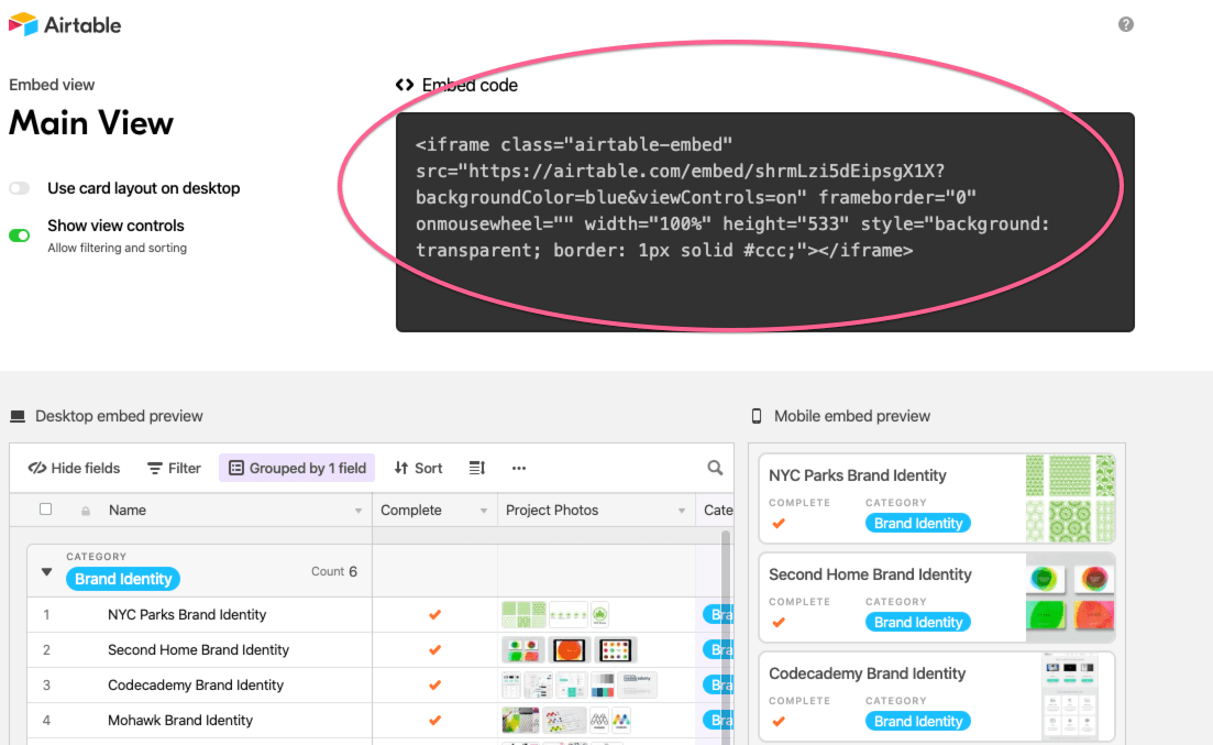 Osadź Airtable w ClickUp, udostępniając link do widoku siatki, kopiując kod osadzania i wklejając go do widoku osadzania ClickUp