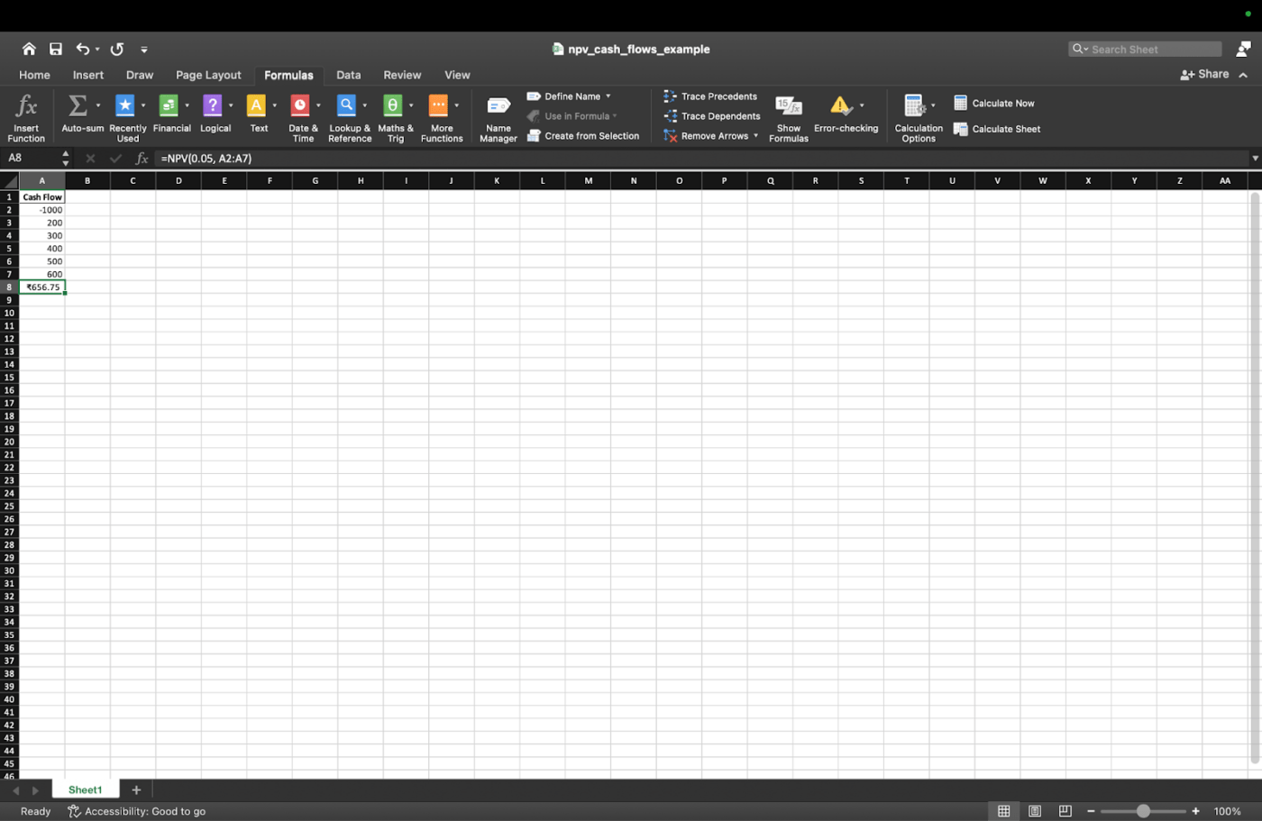 Foglio di calcolo Excel con una formula NPV applicata a un intervallo di dati sul flusso di cassa: Come usare ChatGPT per le formule di Excel