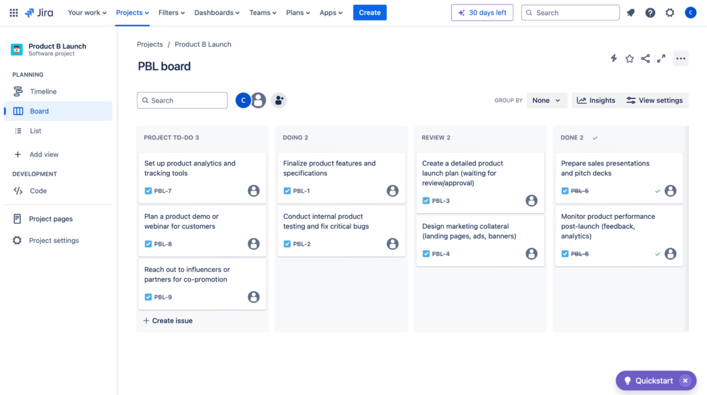 Preencha seu quadro Kanban com tarefas (ou problemas) relevantes para o seu projeto