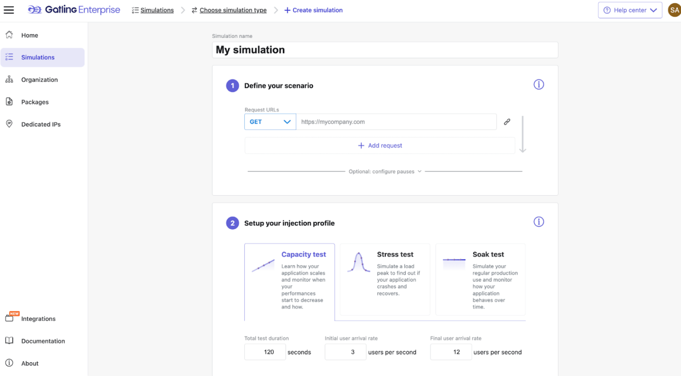 Een schermafbeelding van het dashboard van de tool Gatling voor prestatietesten