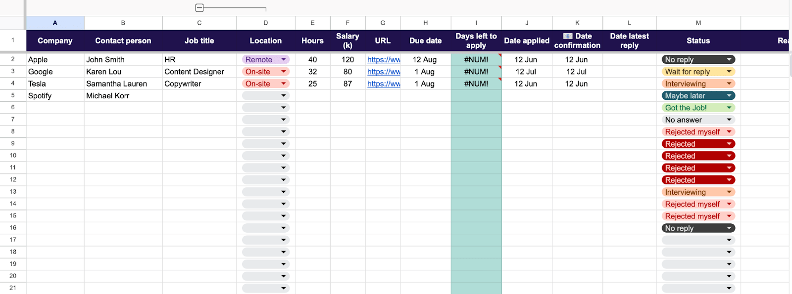 Google Spreadsheets sjabloon voor het zoeken naar een baan door Lido