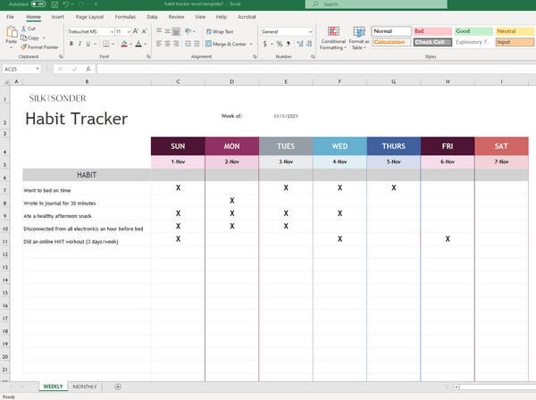 Habit Tracker Excel Template by Silk and Sonder