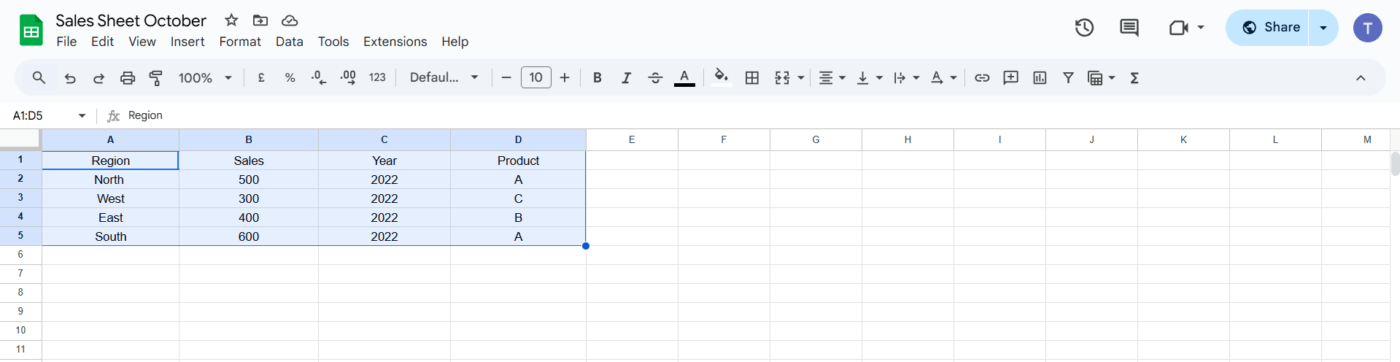 Create Google sheets pivot table: Highlight the data in sheet