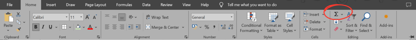 Você pode encontrar o botão AutoSoma na faixa de opções "Página inicial": Como somar uma coluna no Excel