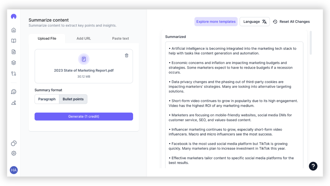 Hypotenuse SEO-friendly AI content summarizer