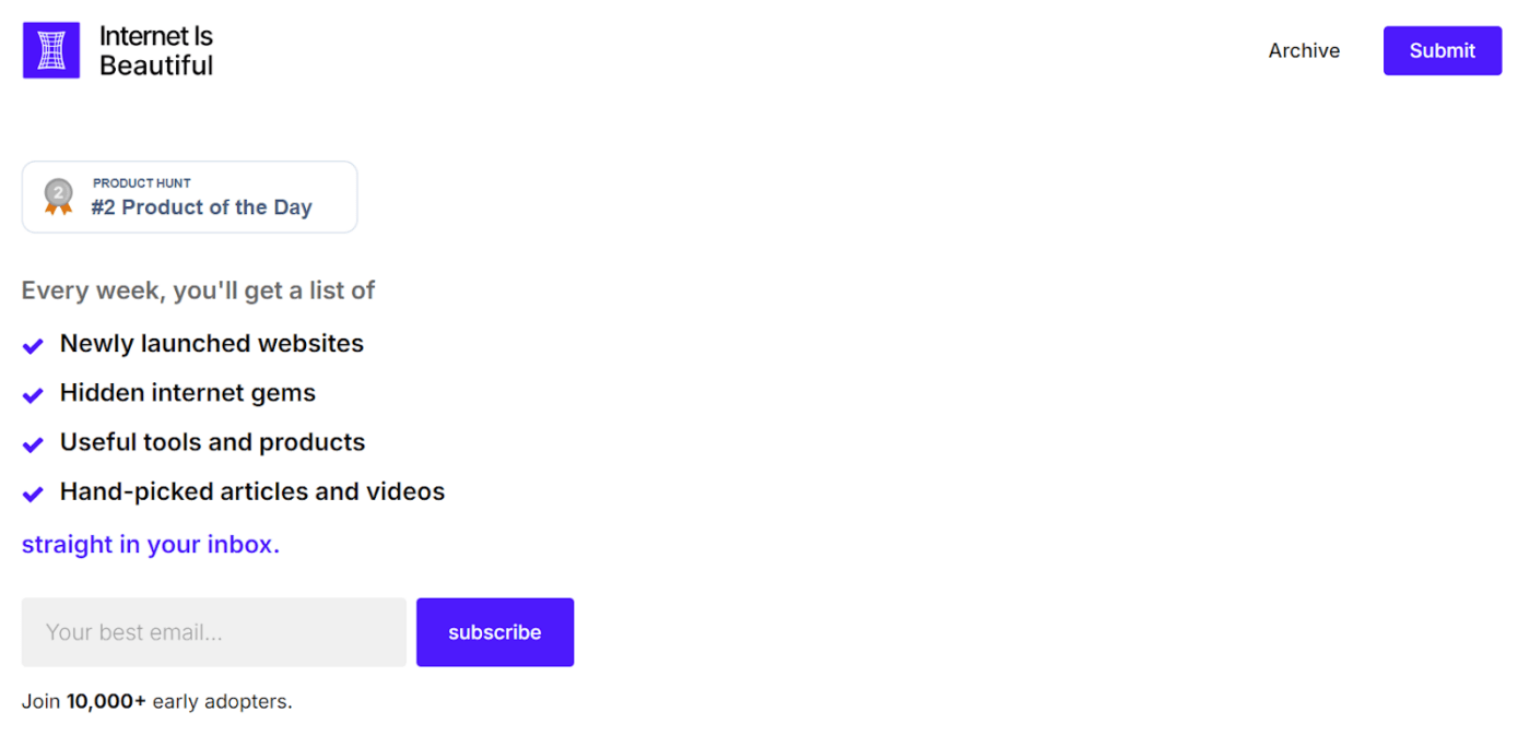 Une capture d'écran de la page d'Accueil de la newsletter Internet Is Beautiful