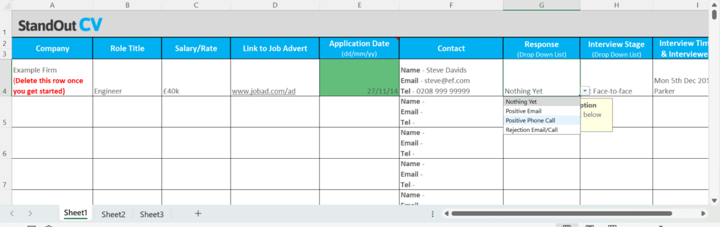 Modelo de planilha de controle de candidatura a emprego da StandOutCV