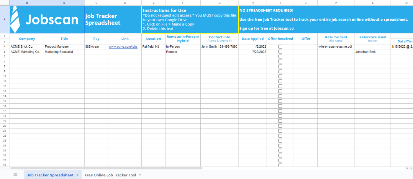 Szablon arkusza kalkulacyjnego Job Tracker firmy Jobscan