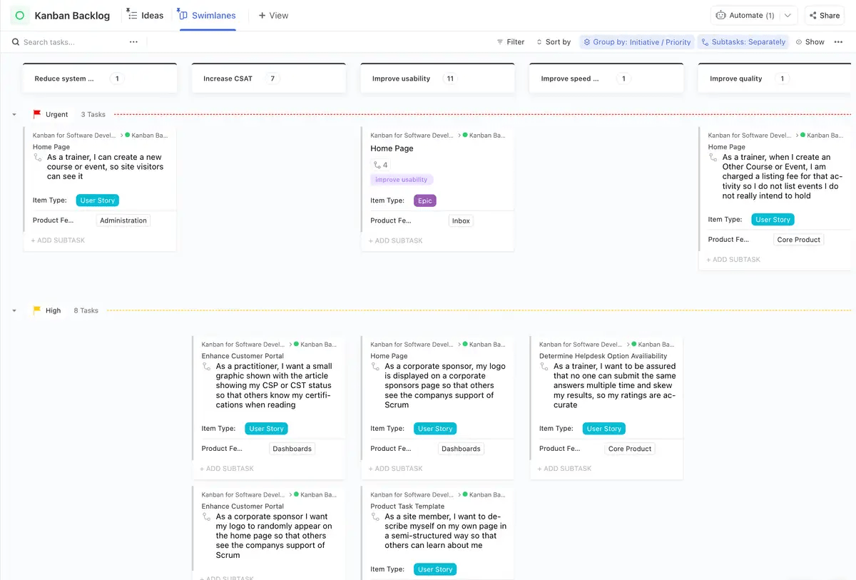 ClickUp Kanban for Software Development Templateを使って、リクエスト受付を合理化し、カスタマイズ可能なカンバンボードを使用しましょう。