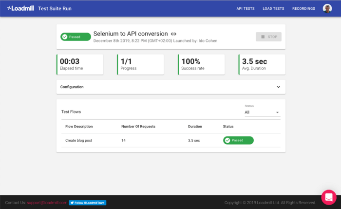 Een schermafbeelding van het dashboard van Loadmill voor prestatietesten