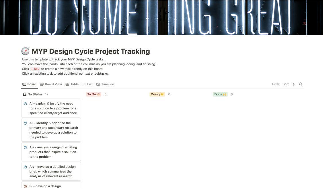 MYP Design Cycle Project Tracking Template (Kanban style)