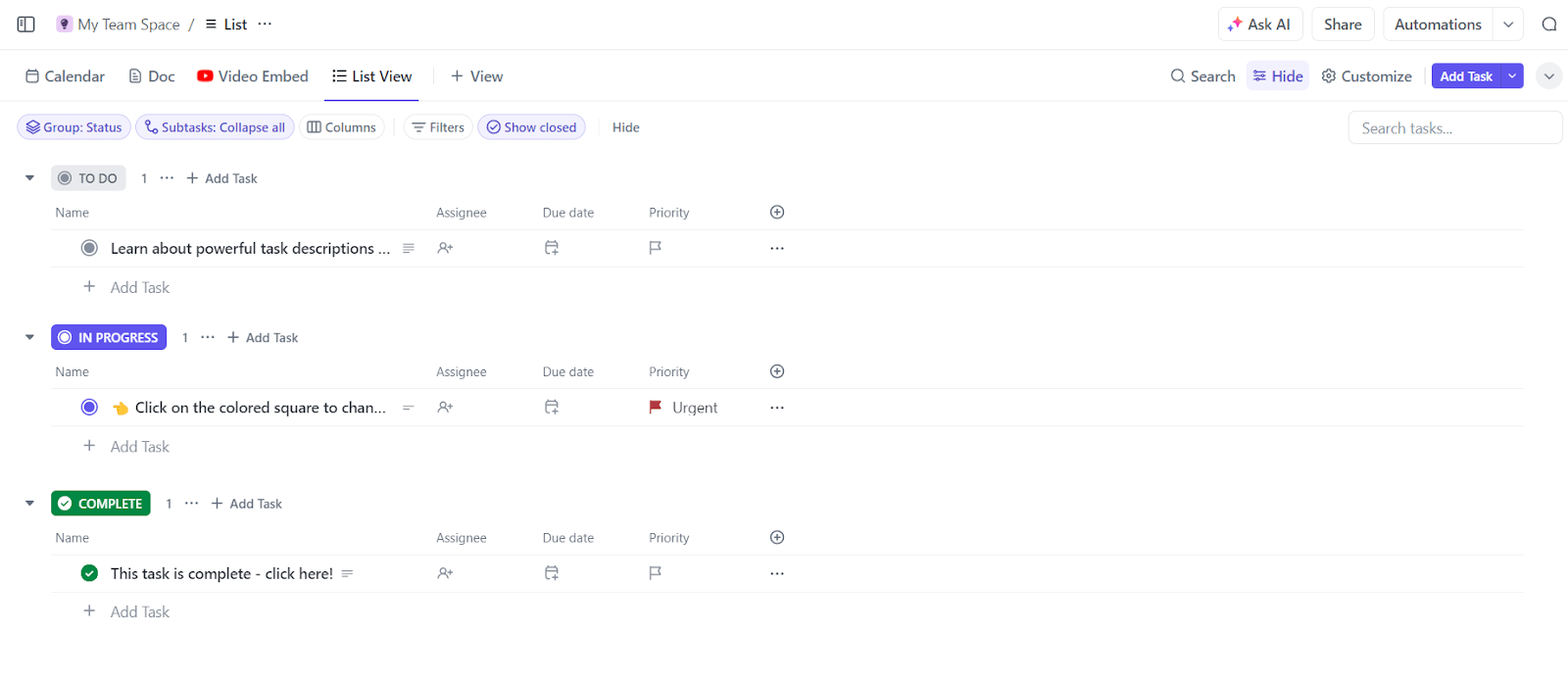 Gerencie suas tarefas pessoais e profissionais com o modelo de lista de tarefas do projeto ClickUp