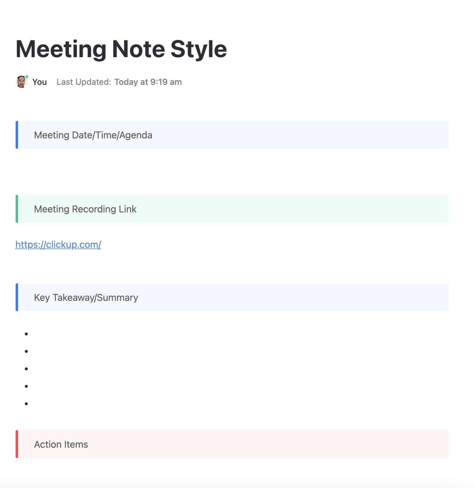 Plantilla para tomar notas al estilo de las notas de reunión - Documentos de Google