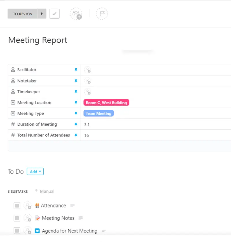 Make a to-do list for your team during meetings with the ClickUp Meeting Report Template