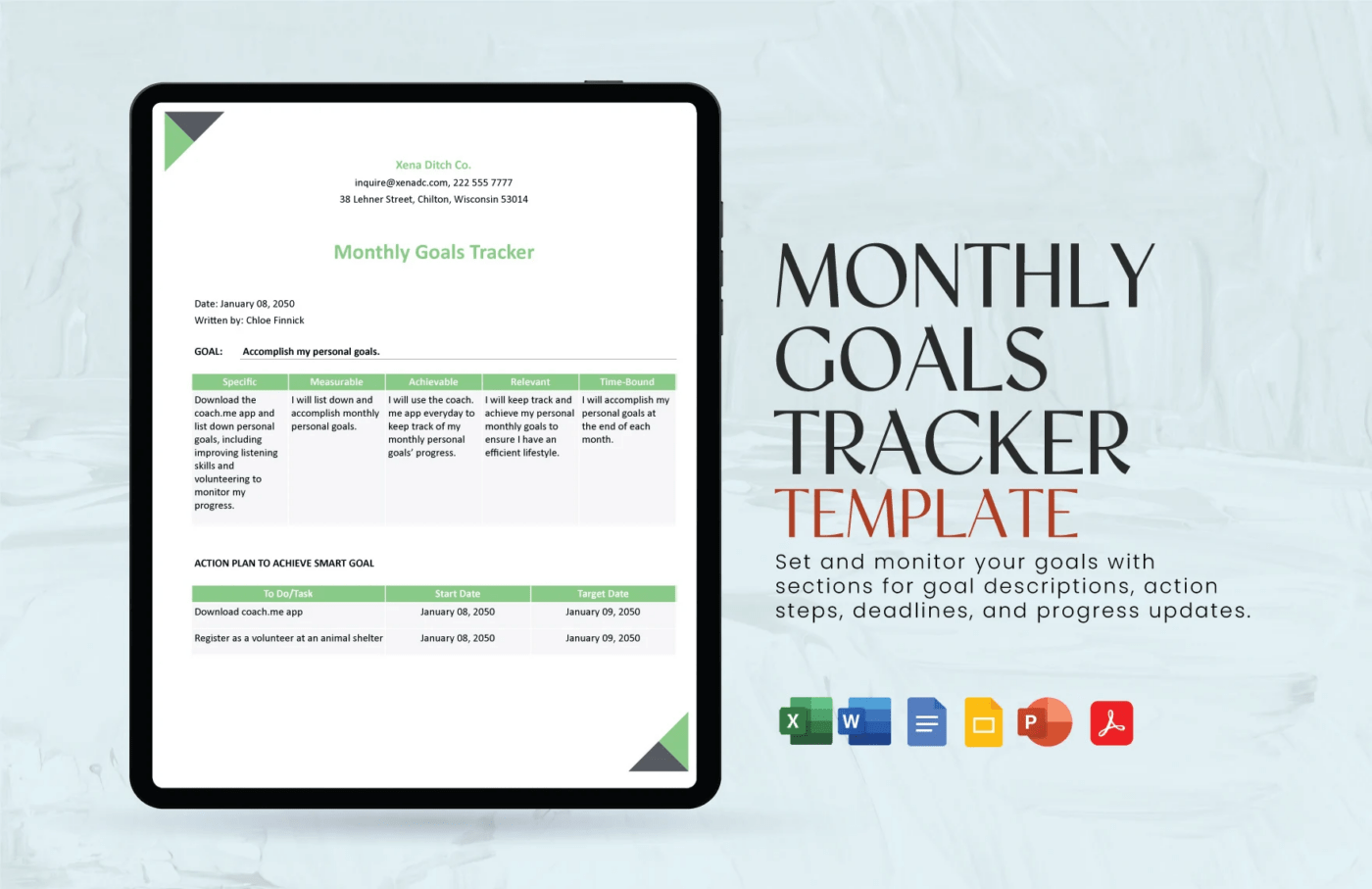 Modelo de controle de metas mensais da Template.net: Modelo de controle de metas do Google Sheets