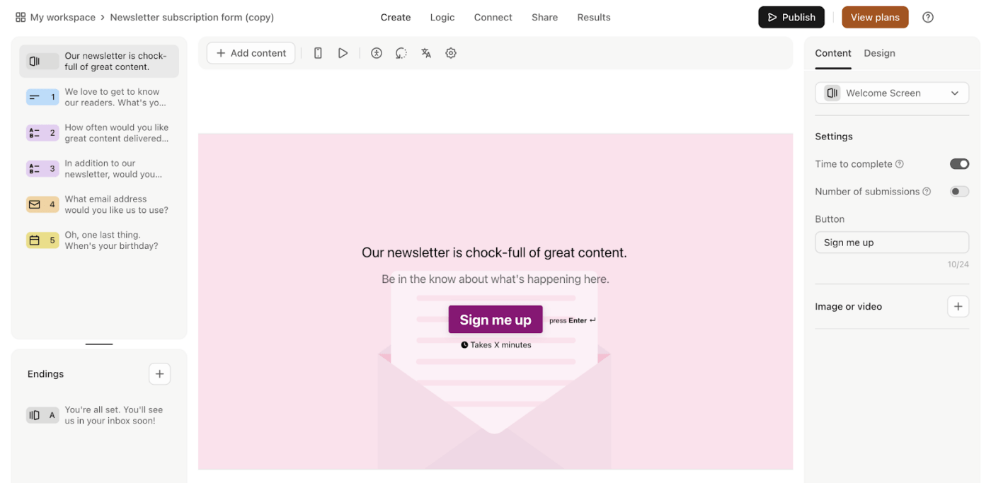 Typeform Templates: Newsletter Subscription Form Template