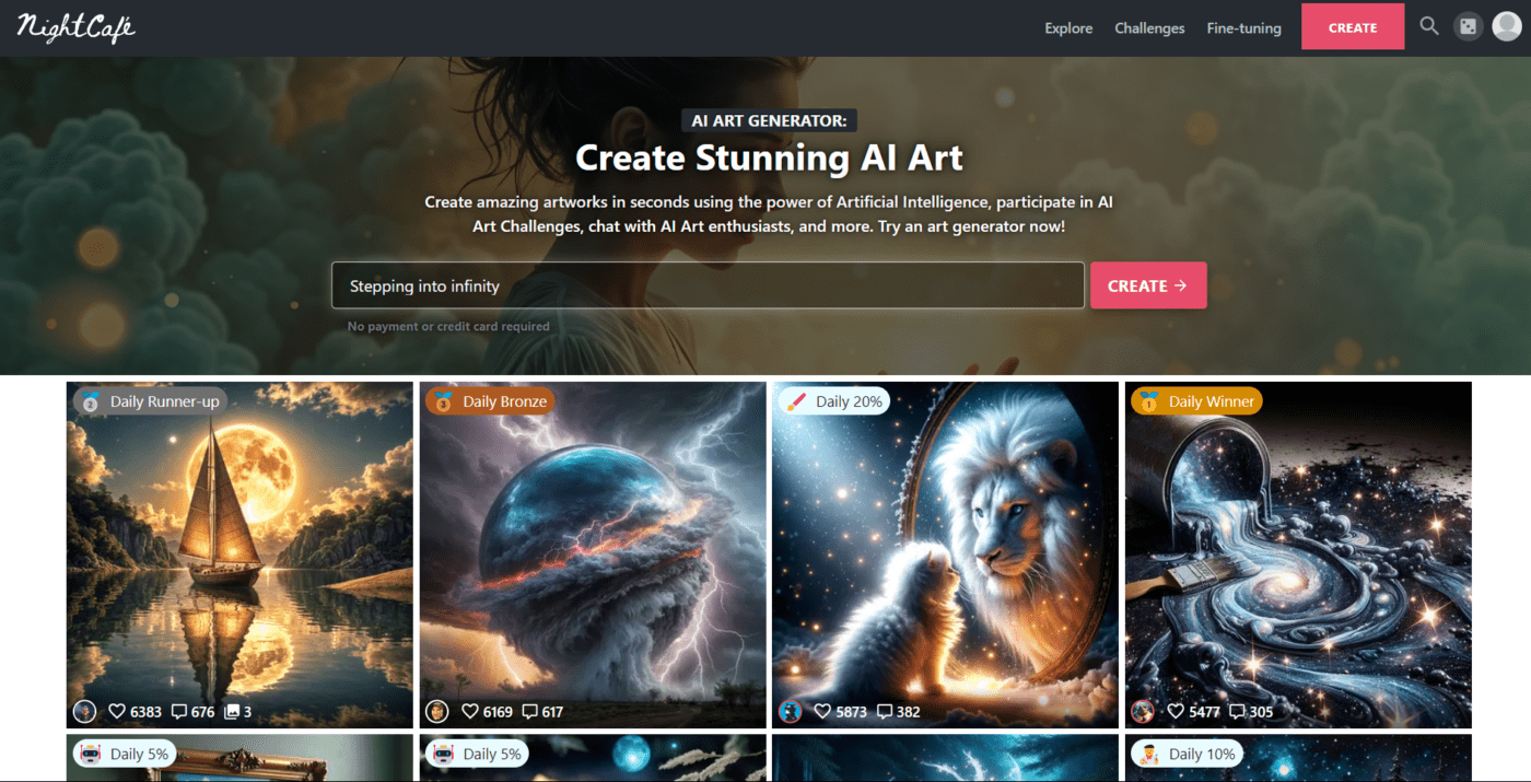 NightCafe es una app generadora de arte IA versátil para crear, compartir y discutir obras de arte únicas una alternativa a leonardo ai.  