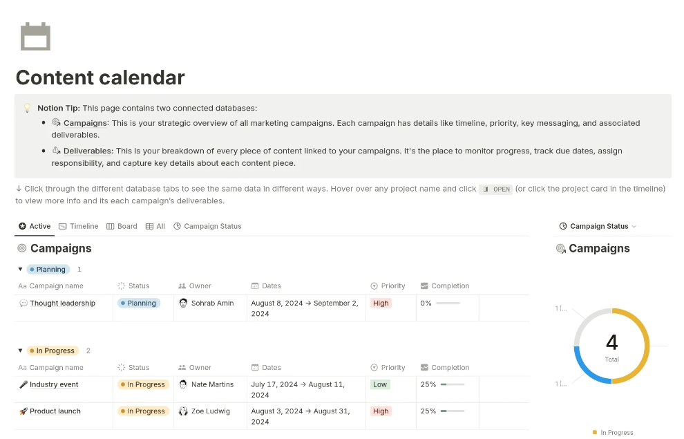 Notion Content Calendar Template  