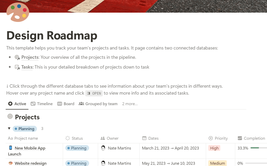 Notion Design Roadmap Template