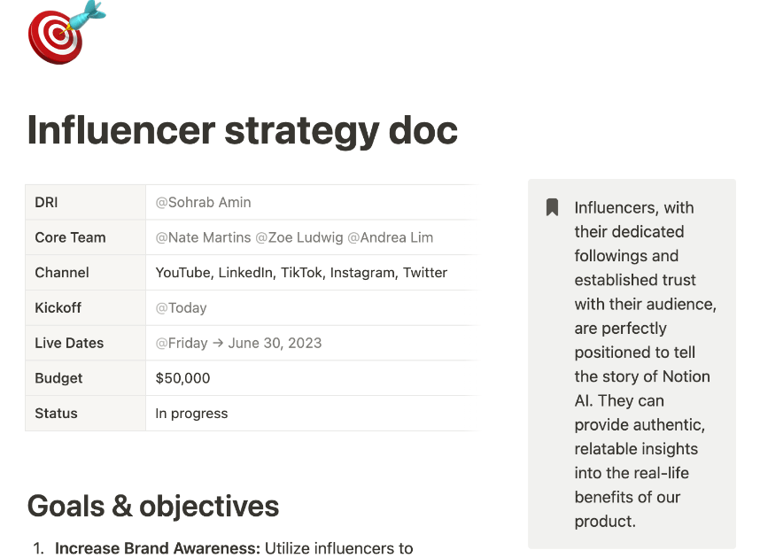 Notion Influencer Strategy Doc Szablon dokumentu