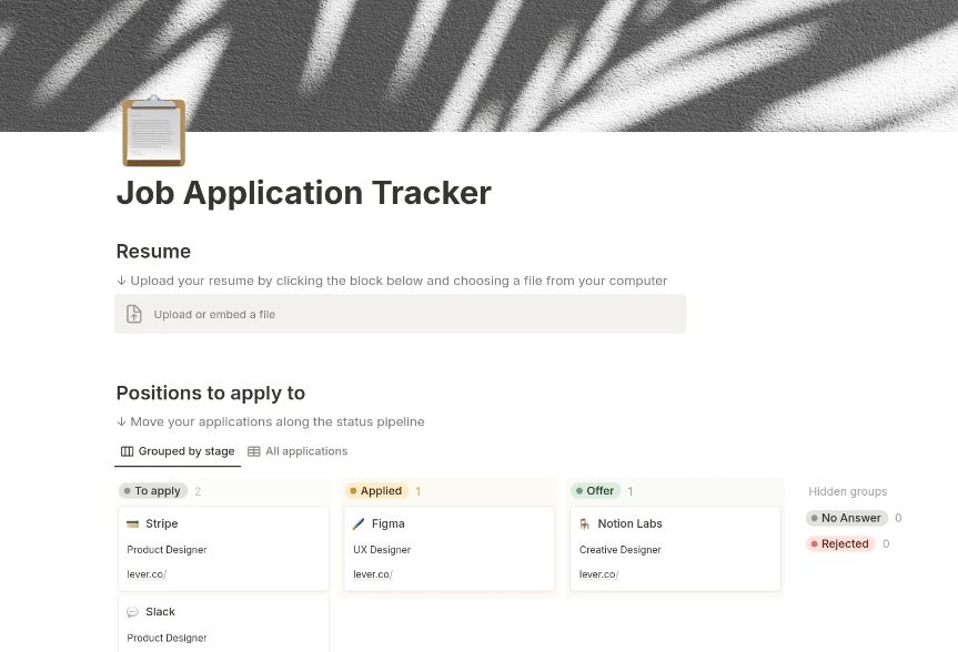 Szablon aplikacji Notion Job Application Tracker