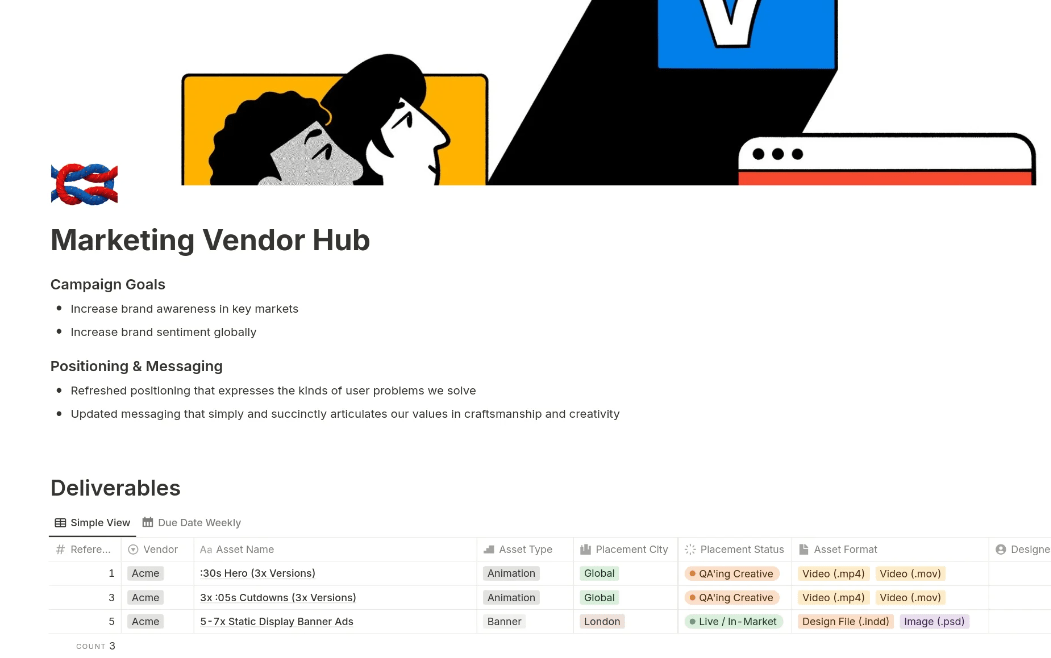 Templat Hub Vendor Pemasaran Notion