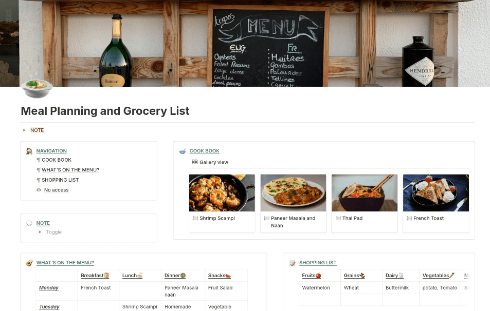 Notion Meal Planning and Grocery List Template  