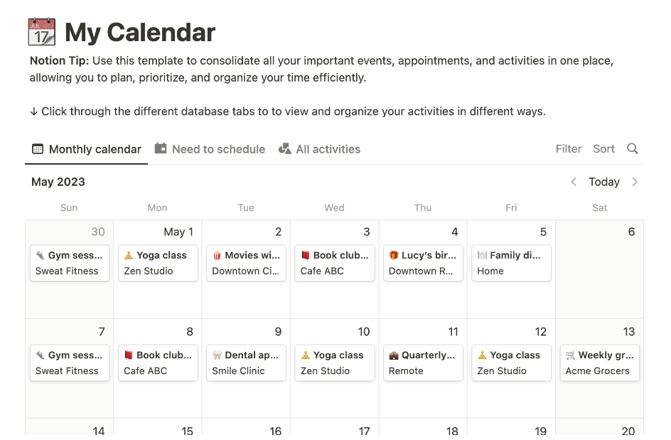 Notion My Calendar Template  