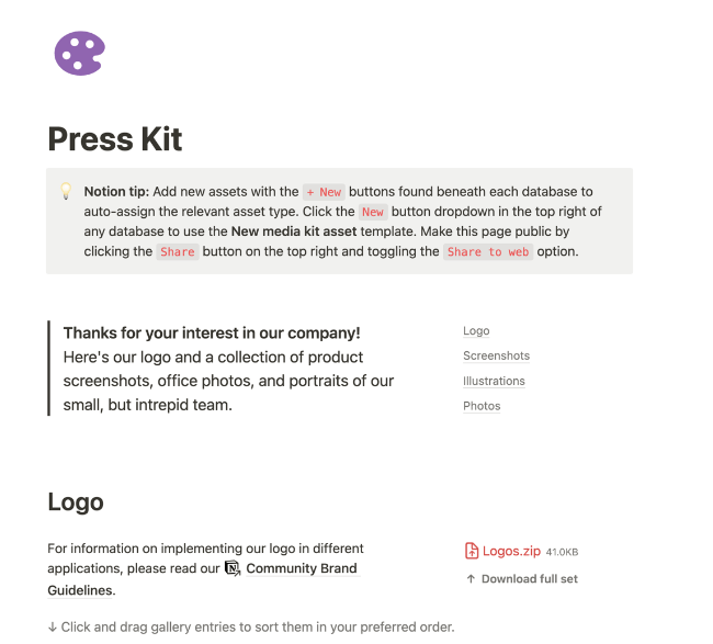 Notion Press Kit Template  