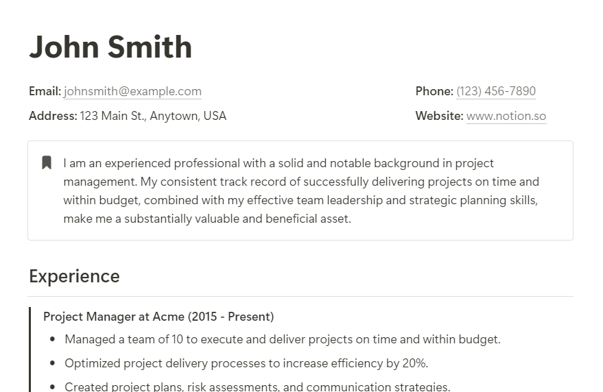 Notion Professional Resume Template