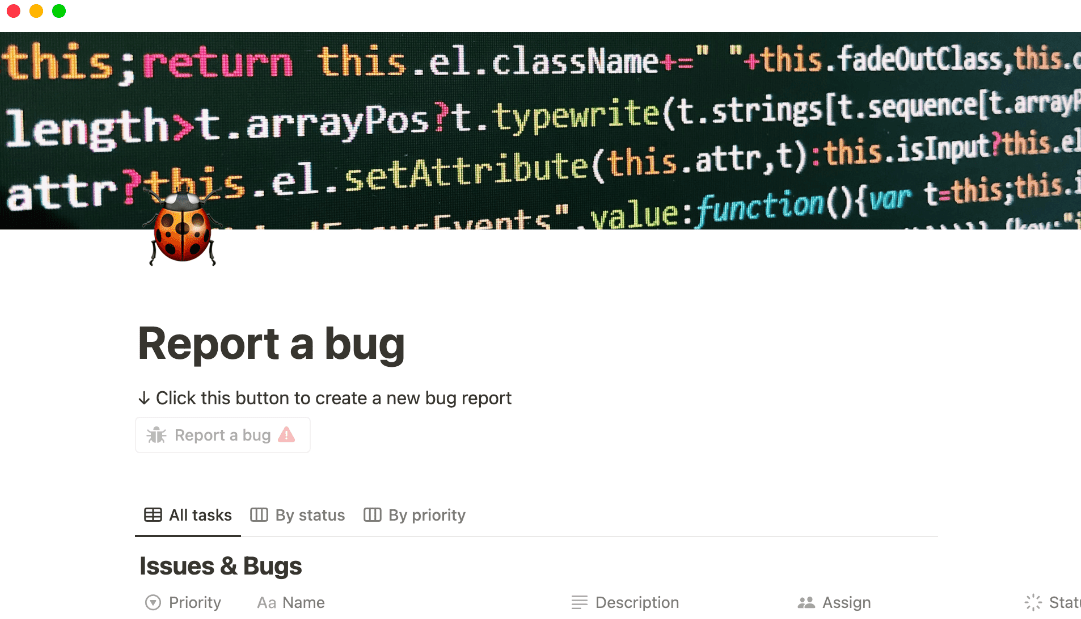 Notion Report a Bug Template  