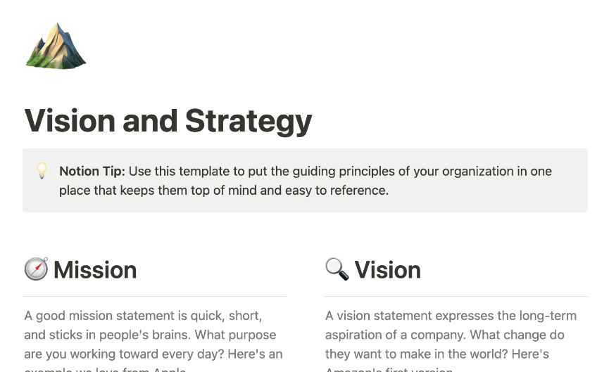 Plantilla de visión y estrategia de Notion