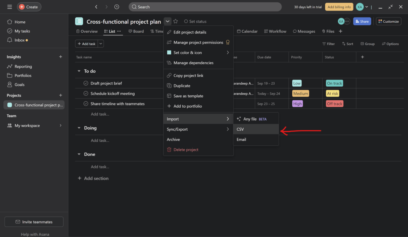 Langkah ini mengunduh file CSV Anda dari Asana: cara mengekspor asana ke excel