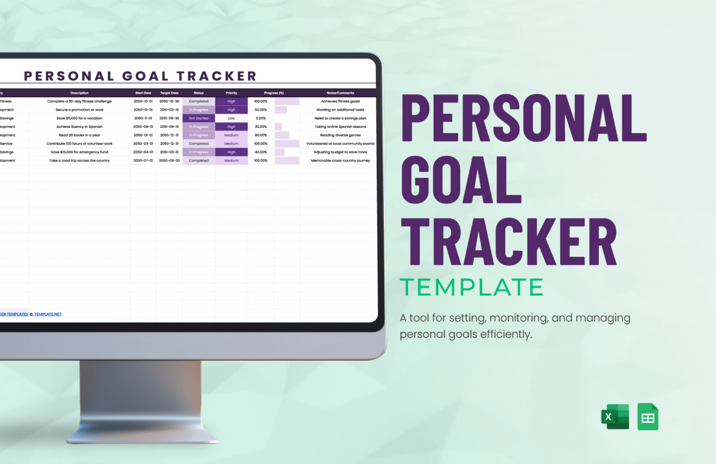 Modelo de controle de metas pessoais da Template.net: Modelo de controle de metas do Google Sheets