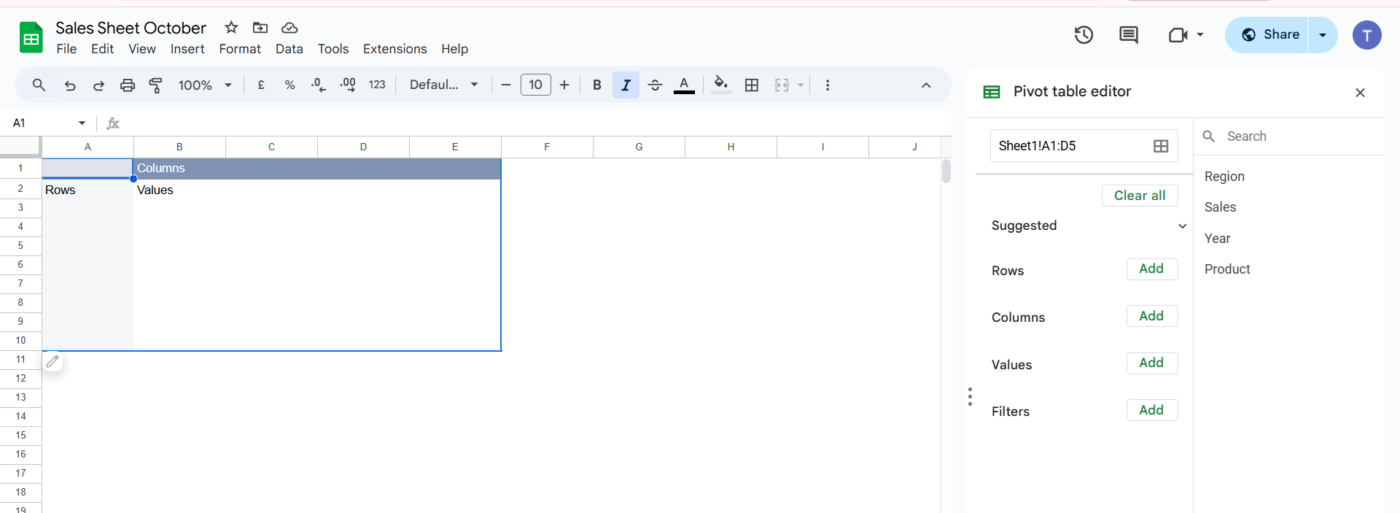 Create Google sheets pivot table: Place the pivot table