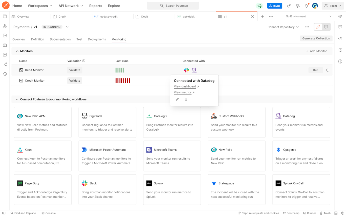 Een schermafbeelding van het dashboard van Postman, een tool voor automatiseringstesten