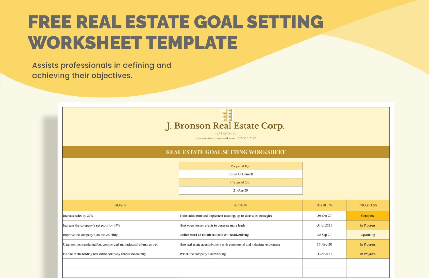 Modèle de feuille de travail pour la définition des objectifs dans l'immobilier par Template.net : Modèle de suivi des objectifs sur Google Sheets