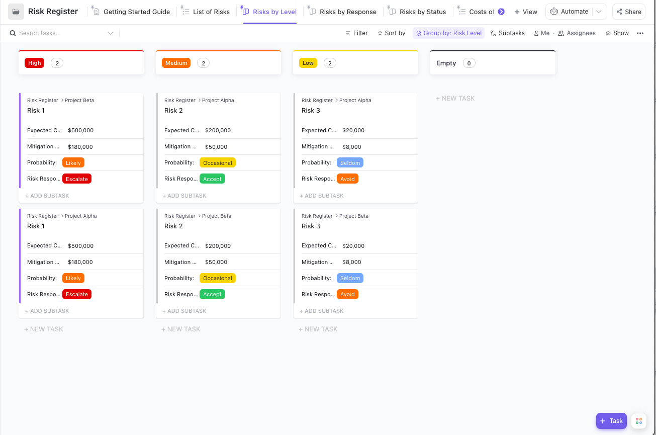 ClickUp's Risk Register Template is designed to help you manage and track potential risks associated with a project. 