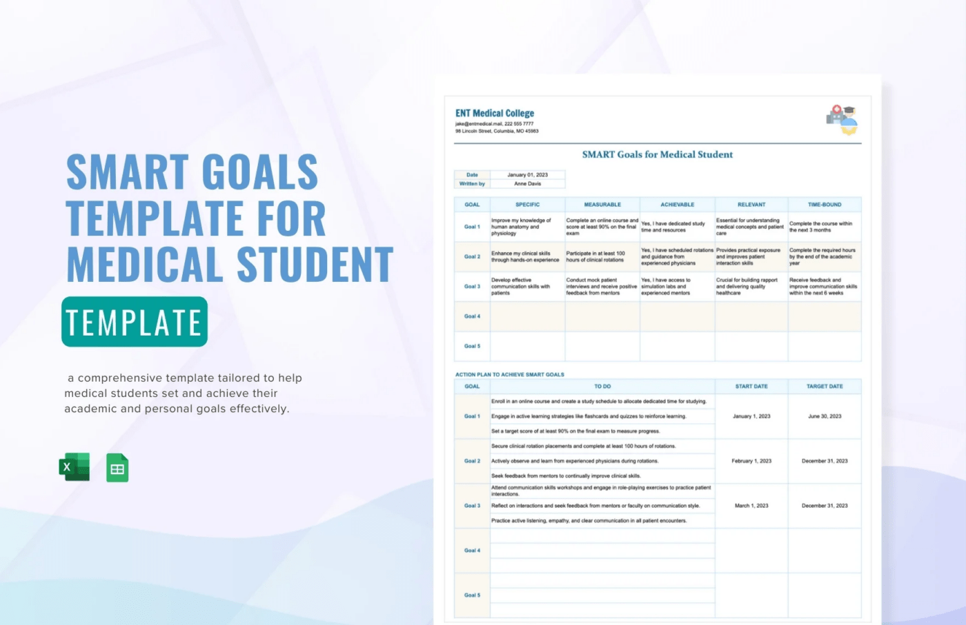  SMART Goals Vorlage für Medizinstudenten von Template.net: Google Tabellen Goal Tracker Vorlage